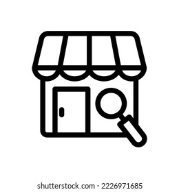 Store line icon illustration with search. suitable for store searching icon. icon related to e-commerce. Simple vector design editable. Pixel perfect at 32 x 32