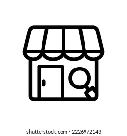 Store line icon illustration with search. suitable for store searching icon. icon related to e-commerce. Simple vector design editable. Pixel perfect at 32 x 32