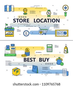 Store location and Best buy template set. Vector thin line art flat style design elements, icons for website banners and printed materials.