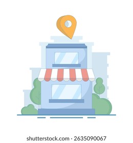 Store Location Concept. Mobile navigation, gps navigator, route to store. Store listed on map. Local marketing, business store on search engine map. Flat design illustration on background.