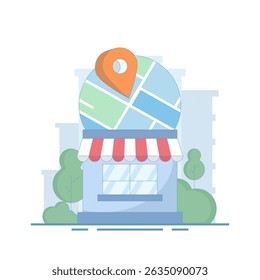 Store Location Concept. Mobile navigation, gps navigator, route to store. Store listed on map. Local marketing, business store on search engine map. Flat design illustration on background.