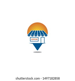 store location with open text logo vector icon ilustration