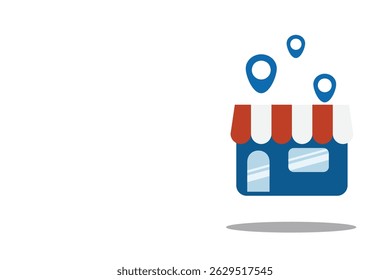 Lagerplatzstift. Unternehmenskarte Richtungsanschrift für Online-Shopping-Marketing-Verkauf oder Shop-Ziele Werbung auf der Website, Anwendung oder Hintergrund-Banner. Flaches Design, Vektorgrafik.