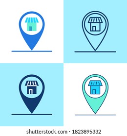 Store location pin icon set in flat and line style. Shop position mark symbol. Vector illustration.
