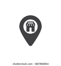 Store location pin vector icon. filled flat sign for mobile concept and web design. Map pointer with shop store glyph icon. Symbol, logo illustration. Vector graphics