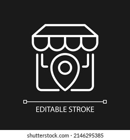 Store location pixel perfect white linear icon for dark theme. Physical shop position. Market address. Thin line illustration. Isolated symbol for night mode. Editable stroke. Arial font used