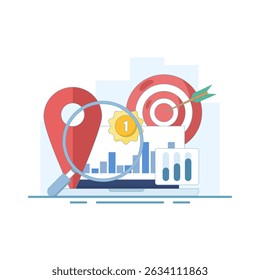 Store locator concept. Find profitable locations, strategic investments and ROI insights. online information search. device screen with local pin location and target. flat design illustration