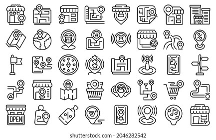 Store locator icons set outline vector. Travel area. Market map