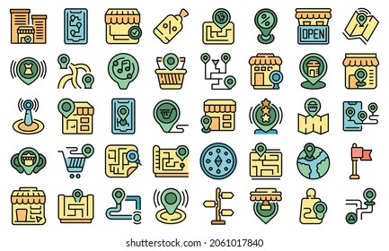 Store locator icons set outline vector. Travel area. Market map