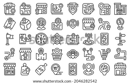 Store locator icons set outline vector. Travel area. Market map