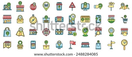 Store locator icons set outline vector. Office travel. Area map thin line color flat on white