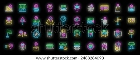 Store locator icons set outline vector. Office travel. Area map neon color on black