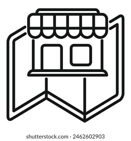 Icono de mapa de localizador de tiendas - Vector de esquema. Servicio de carretera. Tienda de ubicación en la calle
