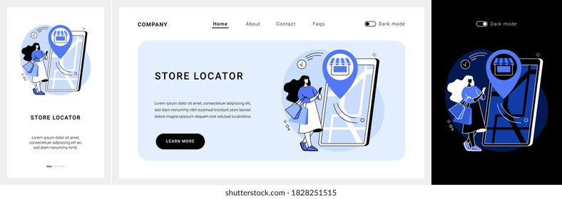 Store locator website UI kit. GPS navigation, online map, store locations, corporate website menu bar, office locator, UI, web element, where to find us landing and mobile app vector UI template.