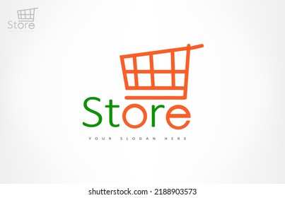 Store logo. Shopping cart. Store trolley with wheels.