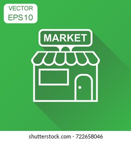 Store market icon. Business concept shop build pictogram. Vector illustration on green background with long shadow.
