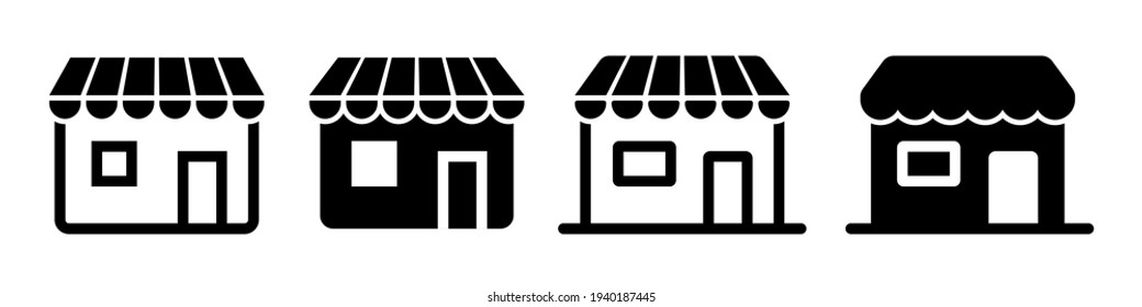 Store market icon set. Simple black shop sign in flat style. Store building for web site and mobile app. Vector illustration.
