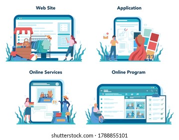 Store merchandiser online service or platform set. Shop and showcase designer. Professional marketer display staff. Website, application, online service, program. Vector flat illustration