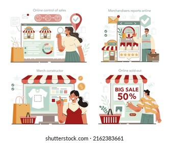 Store merchandiser online service or platform set. Shop and showcase designer. Displaying staff on supermarket shelf. Online sales control, sold-out, report, merch constructor. Vector illustration