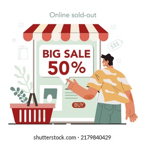 Store merchandiser online service or platform. Shop and showcase designer. Displaying staff on supermarket shelf. Online sold-out. Vector illustration
