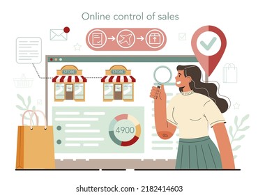 Store merchandiser online service or platform. Shop and showcase designer. Displaying staff on supermarket shelf. Online sales control. Vector illustration