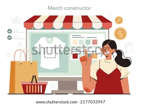 Store merchandiser online service or platform. Shop and showcase designer. Displaying staff on supermarket shelf. Online merch constructor. Vector illustration