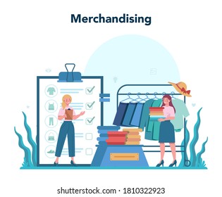 Store merchandiser. Shop and showcase designer. Professional marketer display staff on supermarket shelf. Setting up promotional sale. Vector flat illustration