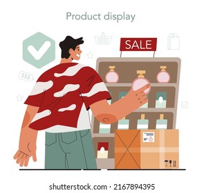 Store merchandiser. Shop and showcase designer. Professional marketer display staff on supermarket shelf. Retail control. Vector flat illustration