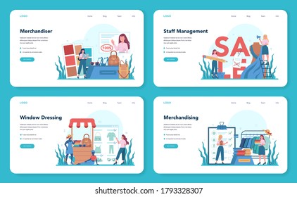 Store merchandiser web banner or landing page set. Shop and showcase designer. Professional marketer display staff on supermarket shelf. Setting up promotional sale. Vector flat illustration