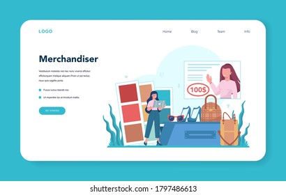 Store merchandiser web banner or landing page. Shop and showcase designer. Professional marketer display staff on supermarket shelf. Setting up promotional sale. Vector flat illustration