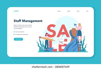 Store merchandiser web banner or landing page. Shop and showcase designer. Professional marketer display staff on supermarket shelf. Setting up promotional sale. Vector flat illustration