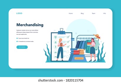 Store merchandiser web banner or landing page. Shop and showcase designer. Professional marketer display staff on supermarket shelf. Setting up promotional sale. Vector flat illustration
