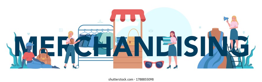 Cabecera tipográfica de merchandising de tienda. Diseñador de tiendas y vitrinas. El personal profesional de la exhibición de los mercados en la estantería de los supermercados. Preparando la venta promocional. Ilustración plana del vector