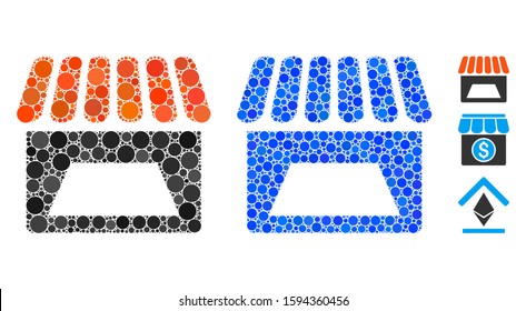 Store mosaic of small circles in different sizes and color tints, based on store icon. Vector small circles are united into blue illustration. Dotted store icon in usual and blue versions.