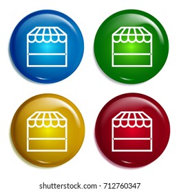 Store multi color gradient glossy badge icon set. Realistic shiny badge icon or logo mockup