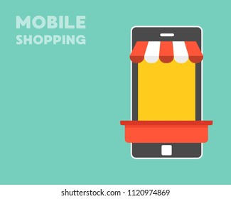 Store on mobile phone, flat design mobile shopping concept