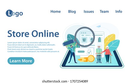 Store Online Concept Vector Illustration Elderly Retired Couple Senior People Shop Online in Grocery Store using Web Applications.