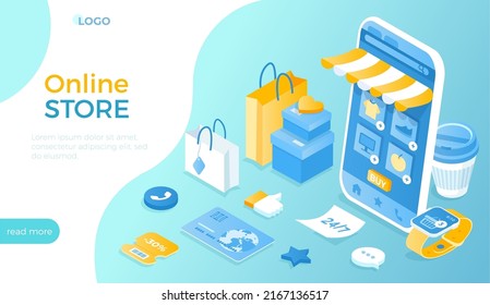 Store online. Internet shopping, e-commerce, 24 hour service. Online ordering of groceries, clothing, electronic devices, medicines. Shop mobile application. Vector illustration for website.