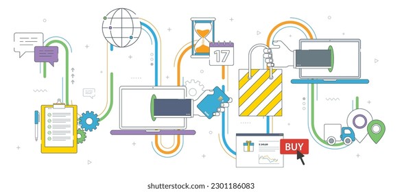 Store, online shopping and e-commerce. Buy, sale, payment and delivery of product. E-commerce, online shopping, credit card, laptop, support and delivery icons. Thin line flat vector illustration.