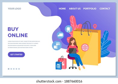 Tienda para el diseño de compras en línea. Niña con pañuelo de pedidos de laptop en la ilustración de vector de internet. La persona elige cosas en el sitio web. Solicitud de compra y pedido a través de Internet