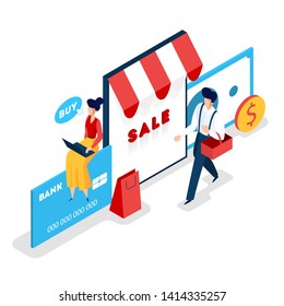 Store online web banner. Searching goods in online shop concept. E-commerce concept. Shopping in internet and make digital money payment. Vector isometric illustration