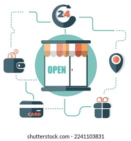 store open 24 hours, payment gateway, vector illustration