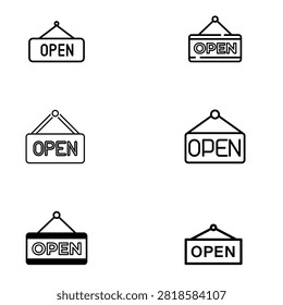Store open hanging sign collection, shop front welcome vector icons.