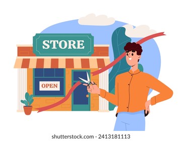 Store opening concept. Man small business owner with scissors cut red ribbon. Start up and project. Young guy near shop and market. Cartoon flat vector illustration isolated on white background