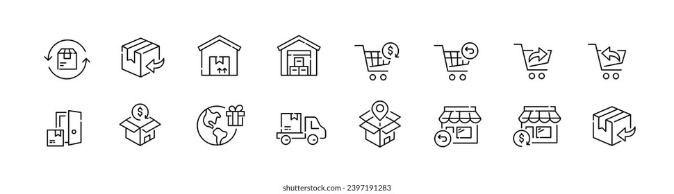 Store orders shipment. Door to door delivery, return and refund services. Pixel perfect, editable stroke