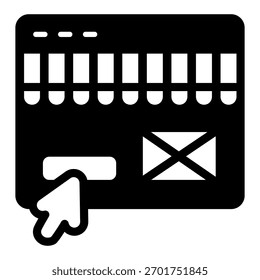 Armazenar página com botão, ponteiro do mouse ícone sólido, conceito de segunda-feira cibernética. Gráficos vetoriais. Site da loja com sinal de cursor no fundo branco, ícone de estilo de glifo para design móvel ou web