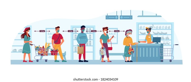 Store And People In Masks, Social Distance Queue In Grocery Supermarket, Shop, Vector Flat Cartoon Coronavirus Covid19 Social Distance In Store, Crowd Line Standing To Cashier, Public Security