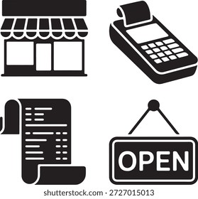 Conjunto de iconos de tienda, terminal pos, Comprobante y signo abierto