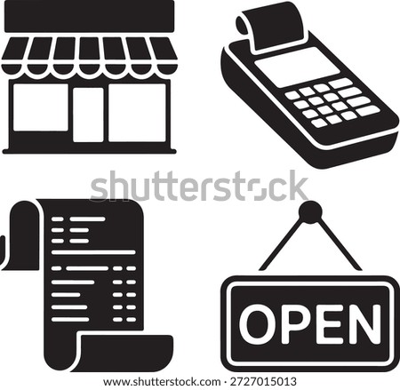 Store, pos terminal, receipt and open sign icons set