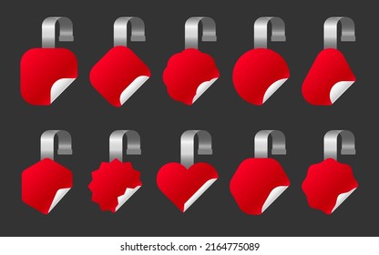 Store price tag specialty product red flat set. Promotional bright sign label holiday discount new year sale valentine day holiday ticket small shape blank template offer round wavy heart square